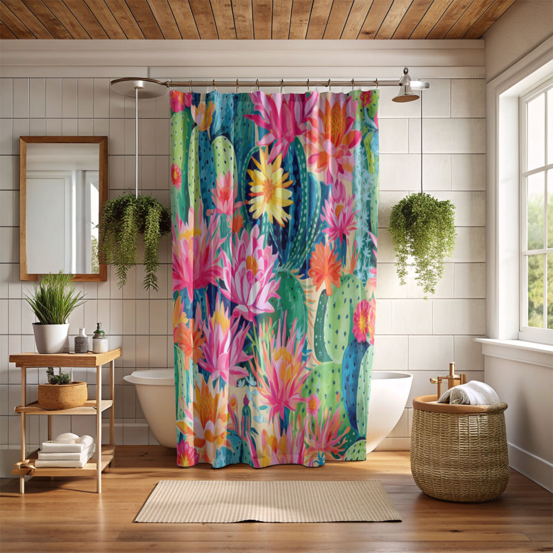 Rideau de douche standard 1 pièce Preppy Cactus Prints, H 74 po x l 71 po