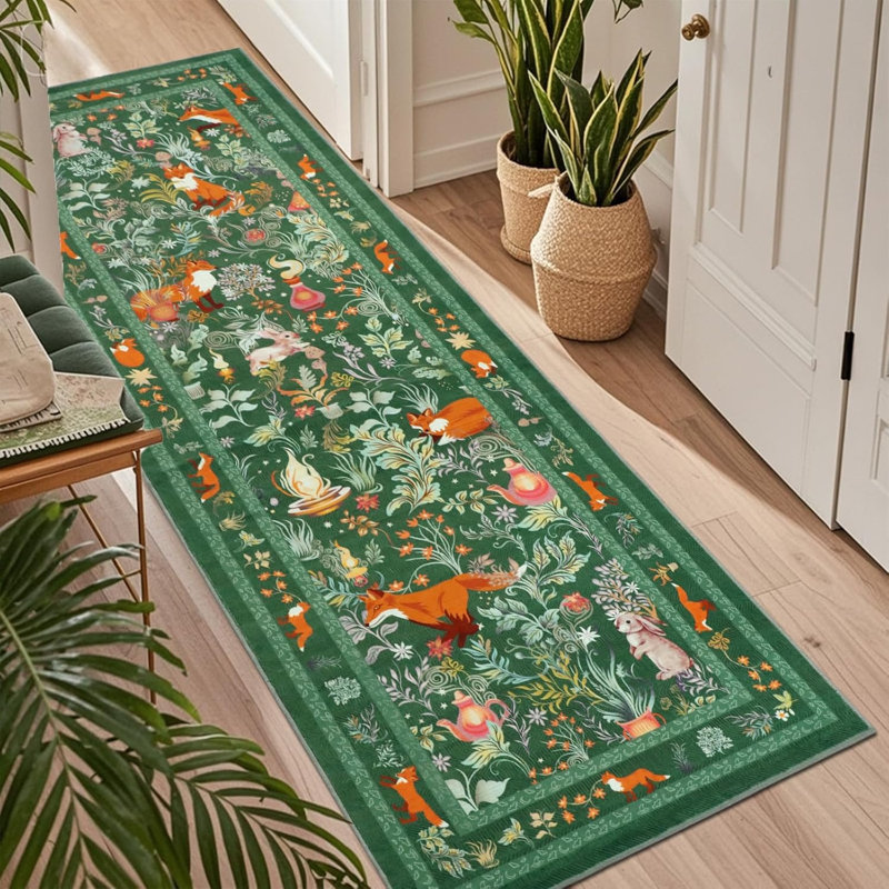 Runner Rugs For Hallway 60×180Cm, Green Washable Kitchen Carpet Runner Non-Slip, Fairytale Fox Hall Carpet Floor Mat For Entryway Kids Bedroom Laundry Living Room Non Shedding