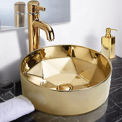 15.75'' Golden Ceramic Circular Vessel Bathroom Sink