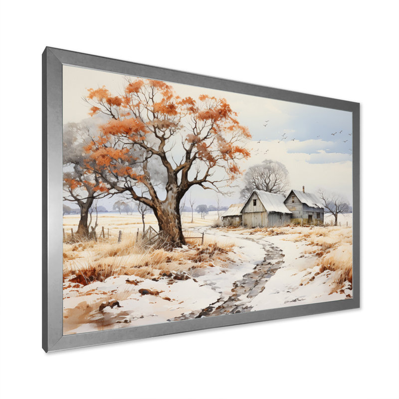 Martise Farmhouse Farmstead Winter Pointillism II - impression, H 16 po x l 32 po x P 1 po, Cadre simple argenté