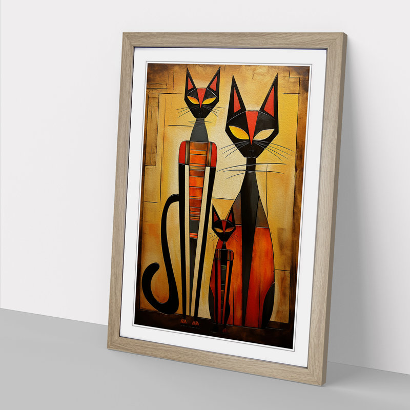 XYZ-FRM-V1223-611 Egyptian Cat Dadaism No.2 - Single Picture Frame Print on Wood, Oak, 64cm H x 46cm W x 2cm D