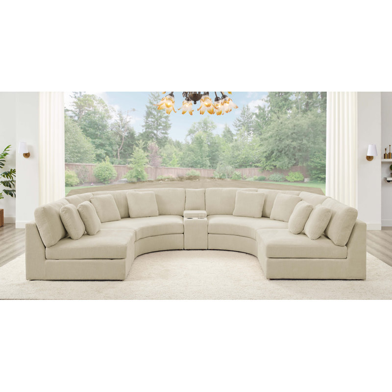 Corduroy Curved Sectional Symmetrical, Beige Corduroy