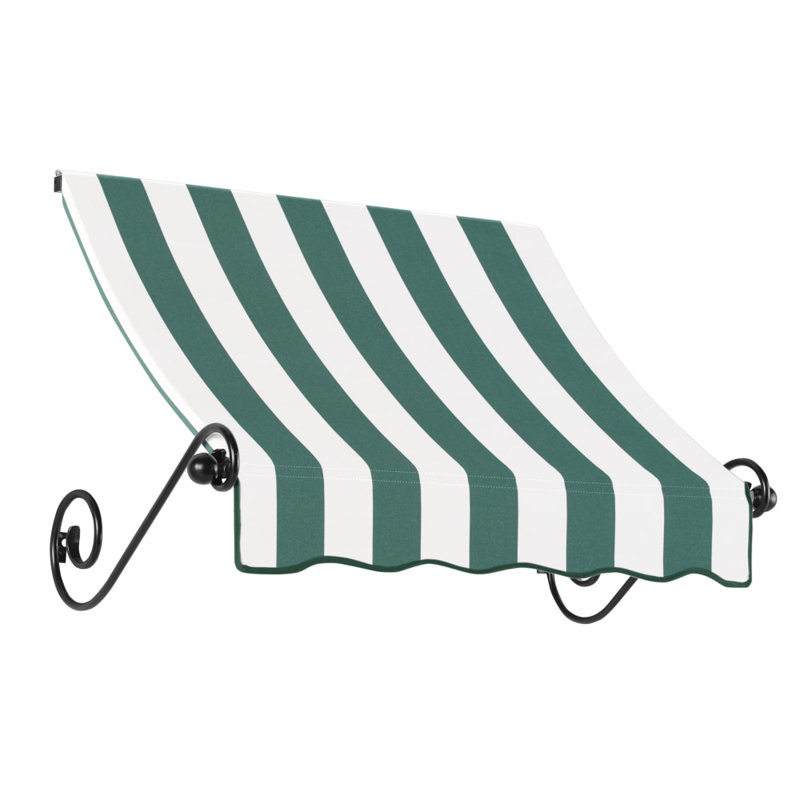 Awntech Charleston Acrylic Fabric Awning with Iron Scroll Arms, 22" H x 100.5" W x 36" D, Forest/White Stripe