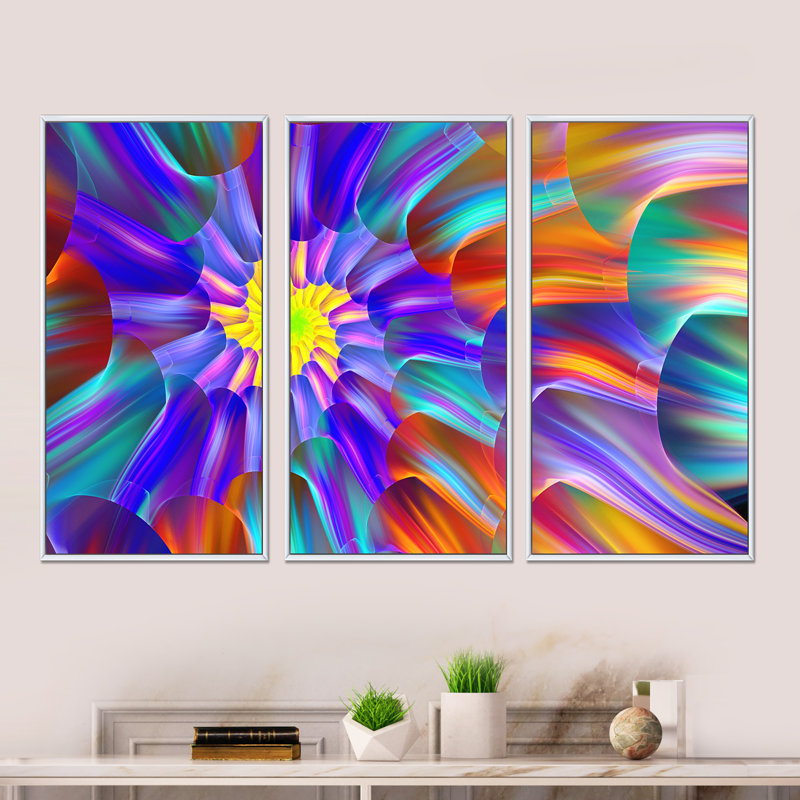 Spectaculaire vitrail avec spirales - ensemble de 3 toiles encadrées florales, H 28 po x l 36 po x P 1 po, Blanc