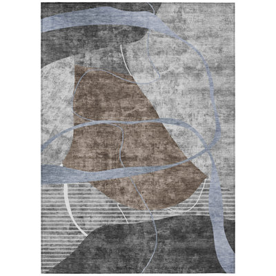 Tapis extérieur lavable abstrait 8 pi x 10 pi gris et gris anthracite chocolat