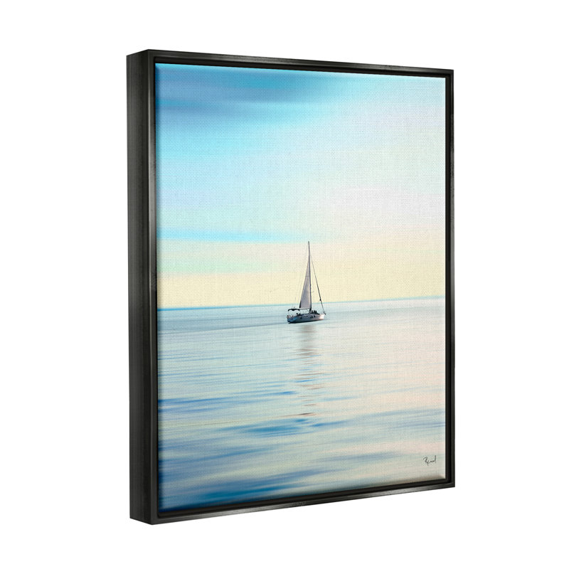 Voilier bleu ensoleillé, H 21 po x l 17 po x P 1,7 po, Cadre flottant noir de jais
