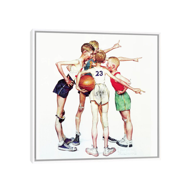 Oh Yeah (Four Sporting Boys: Basketball) by Norman Rockwell - Painting on Canvas, 66.04 cm H x 66.04 cm W, White Framed