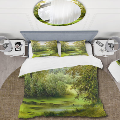 Green Pond With Spring Trees - Ensemble de housse de couette Country - Microfibre de polyester