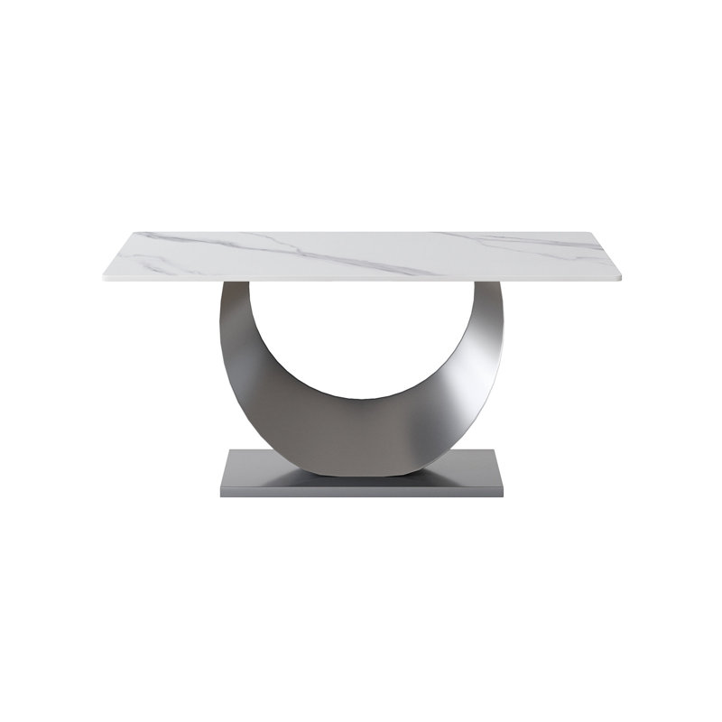 Table de salle à manger moderne en pierre frittée blanche moderne avec panneau chauffant et pieds robustes en métal pour 6 à 8 personnes à base rectangulaire stable