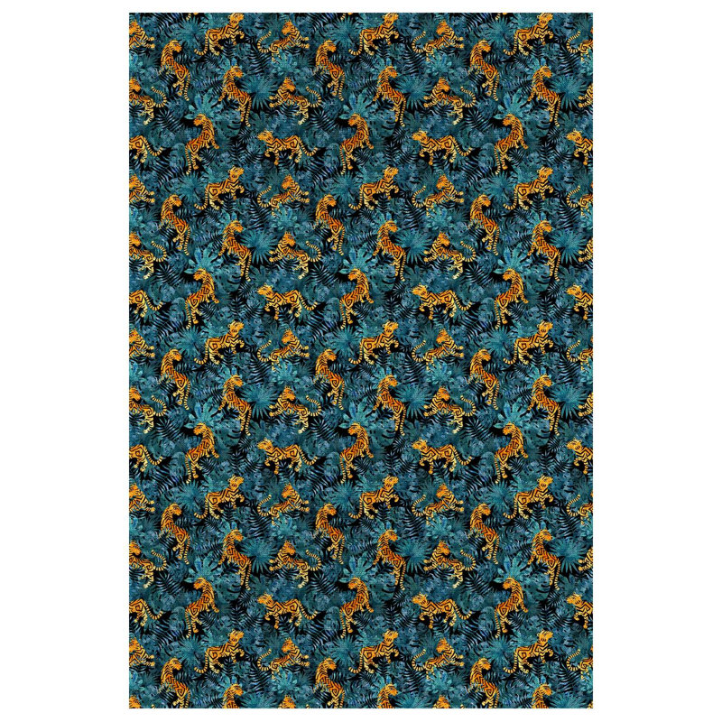 Florest Collection Digital Print Cotton-Polyester Blue Floral Leopar Animal Print Rug, Round 3'4"
