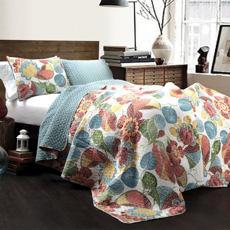 King Blue Floral Cotton Reversible Quilt Set