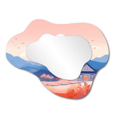 Vernola Country House Blue Mountains Autumn - Landscape Cloud Large Wall Mirror, Blue Asymmetrical Unique Mirror, Printed Metal Art