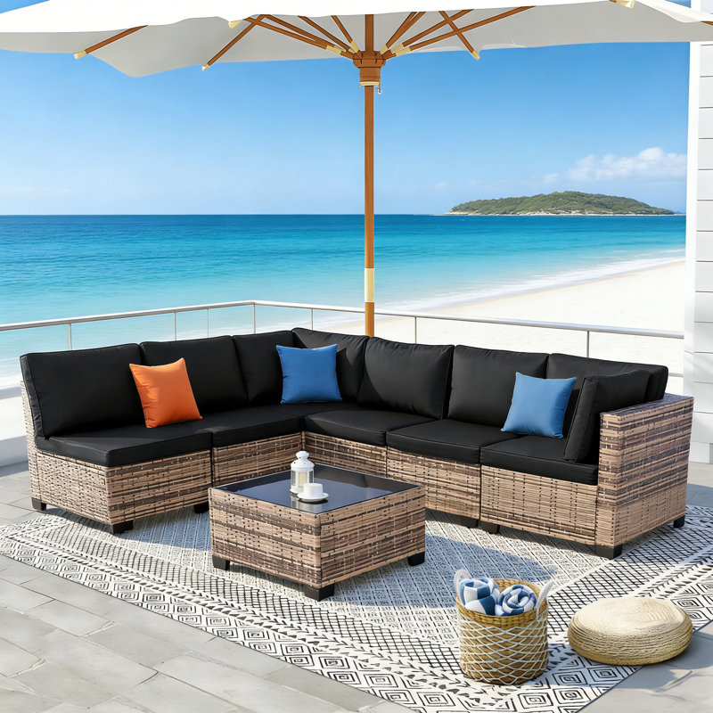 Ensemble de mobilier d'extérieur en osier 7 pièces, canapé modulaire en rotin, ensemble de conversation avec coussin et table basse, pour le porche de la piscine, jaune-noir