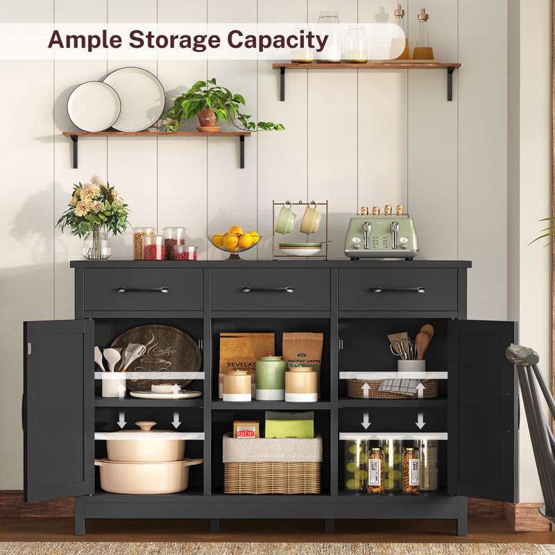 Sideboard, Accent Cabinet With 3 Drawers, Adjustable Shelves, Black