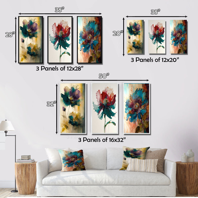 «Delicate Blossoming Pansy Flower Retro», 3 pièces, H 28 po x l 36 po, Cadre flottant doré