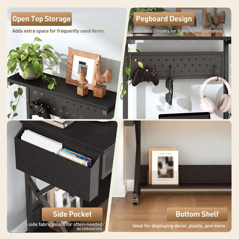 39.4" Mobile Computer Desk Industrial-Style Gaming Desk Rolling Home Office Table with Power Strip and LED Lights, Black