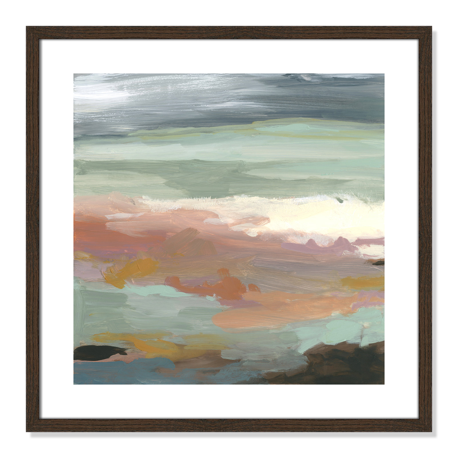 Bingham "Ocean Bluffs" Painting by Carol Robinson, 24.75" H x 24.75" W, Picture Framed Paper, Walnut Wood