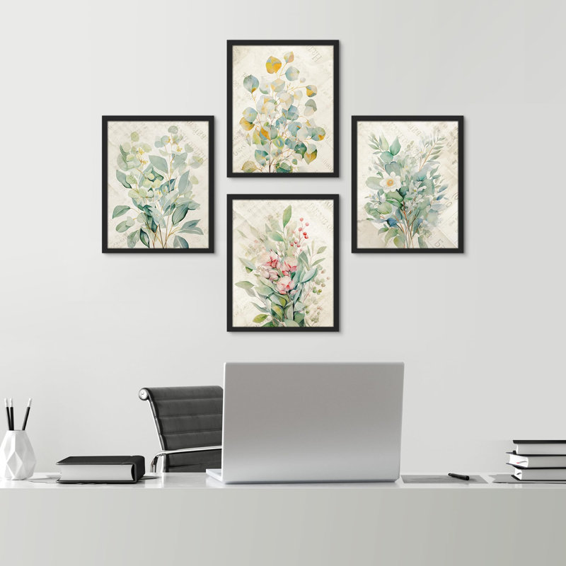 «Wildflowers Green Plants Floral Botanical», impression sur papier 4 pièces, H 16 po x l 12 po, Noir