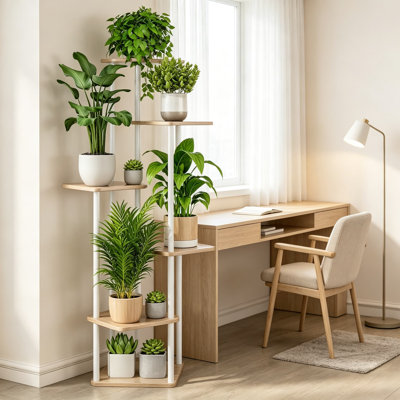 Grand support à plante d'intérieur pour le coin, tablette à niveaux en métal avec panneaux de fibres à densité moyenne imperméables, présentoir autoportant moderne pour le bureau de la chambre à coucher du salon