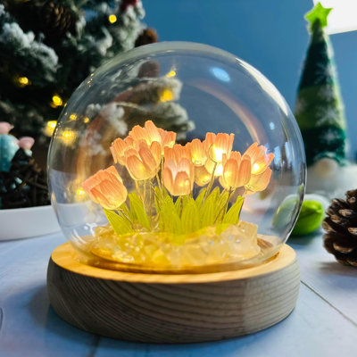 Handmade Tulip Lamp Night Light With Glass Dome, Artificial Flower Table Lamp For Bedroom Desk Decoration, Unique Gift On Mother's Day, Birthday, Or Special Occasions