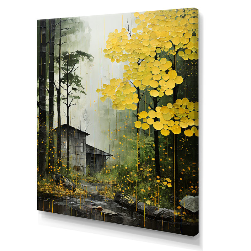 «Yellow Trees Verdant Canopy Patchwork» - Décoration murale chalet, Toile tendue, H 40 po x l 30 po x P 1,5 po
