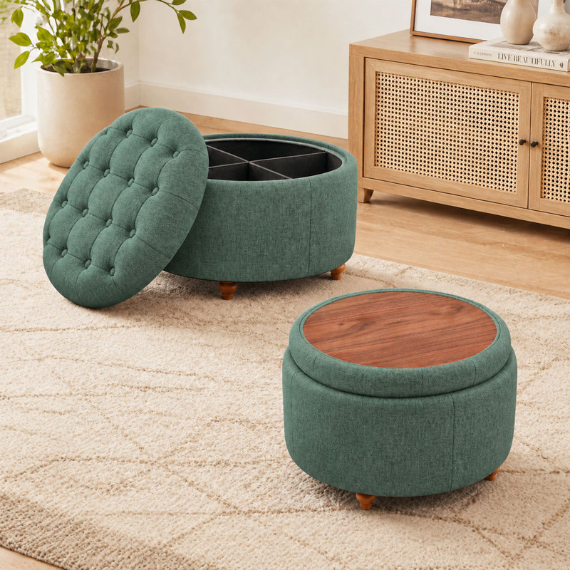Repose-pieds rembourré avec rangement et coussin capitonné, Vert