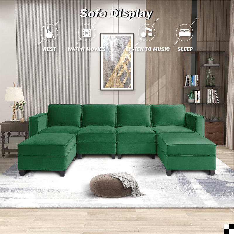 Siège modulaire en velours avec repose-pieds de 114 po Malayiah, Velours vert