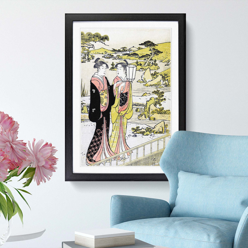 Two Women in a Garden by Torii Kiyonaga - Picture Frame Painting Print, 48cm H x 36cm W x 2cm D, Black Framed