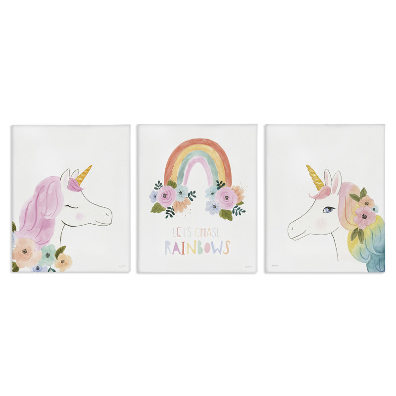 Ensemble de toiles 3 pièces «Let Chase Rainbows Unicorns» par Jenaya Jackson, H 14 po x l 11 po