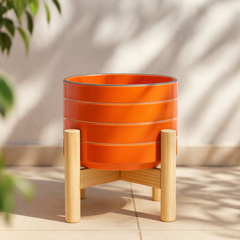 Glossy Ceramic Outdoor Planter on Stand for Indoor Home Decor - Modern Contemporary Flower Pot for Living Room or Patio - Orange