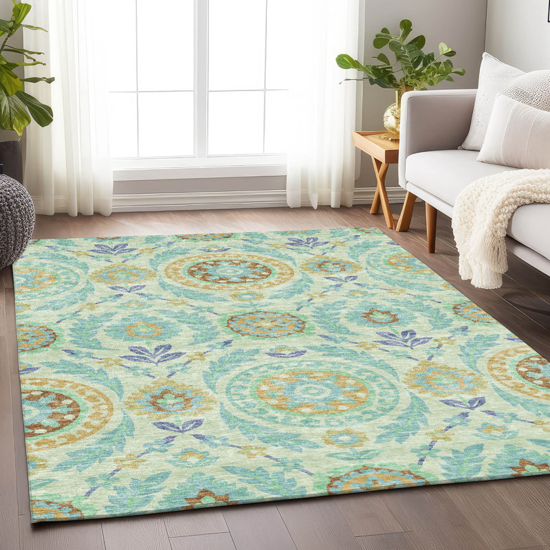 Premium Machine Washable Prisco Mint Rug, Rectangle 10' x 14'