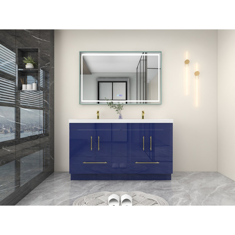 Meuble-lavabo double autoportant Carliss, Bleu lustré
