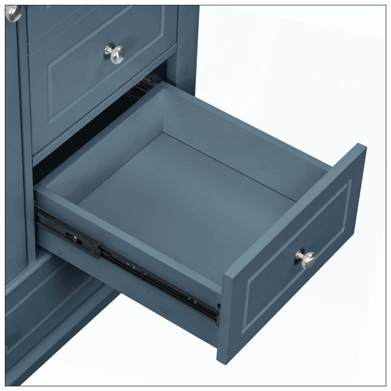Lavabo de salle de bain autoportant en céramique avec 3 tiroirs et trous de robinet, Bleu