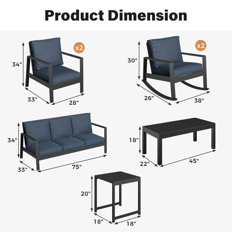 Ensemble de conversation avec canapé berçant et table basse 7 pièces Brandtley, Bleu