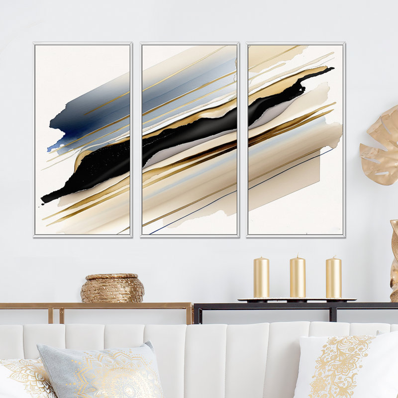«Black and Gold Cubic Expression X», reproduction de 3 pièces sur toile, H 32 po x l 48 po x P 1 po, Cadre flottant blanc