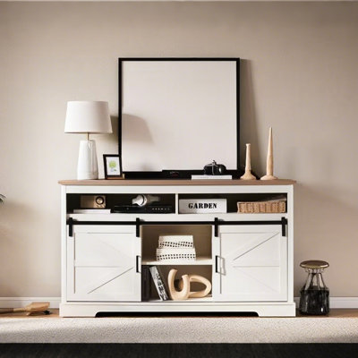 65+ Inch Tv Stand, Rustic Entertainment Center With Sliding Door, Antique White Media Console Meticulous Storage And Design Television Stand For Tvs,