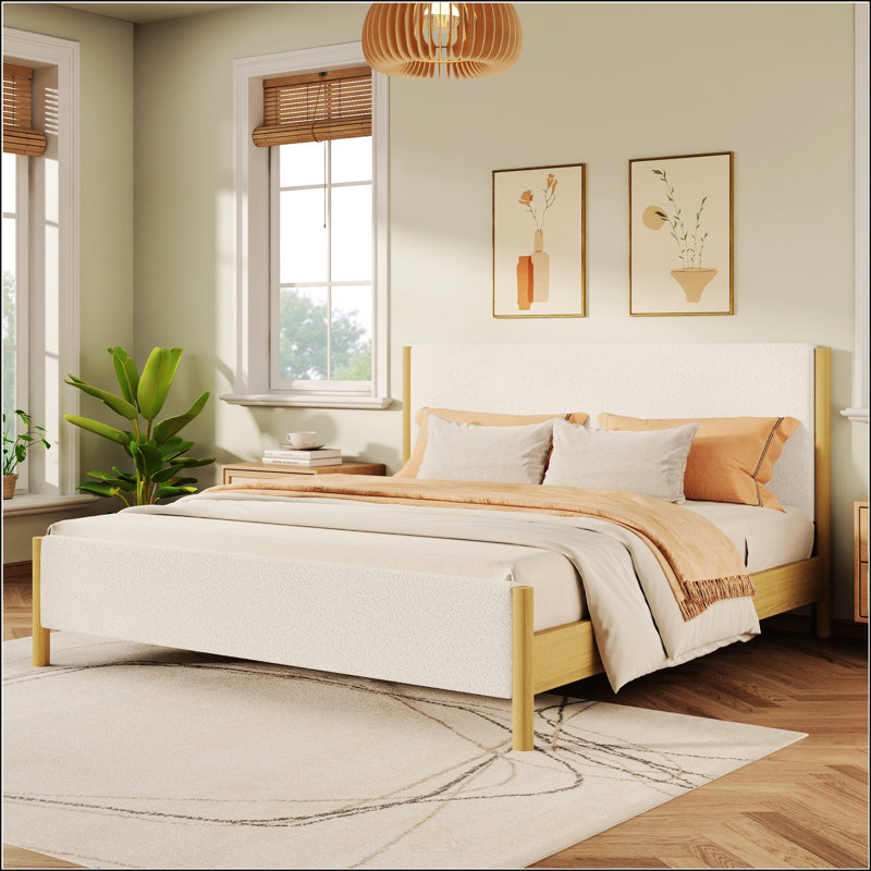 Lit capitonné moderne blanc avec pieds en bois d'hévéa, Grand lit