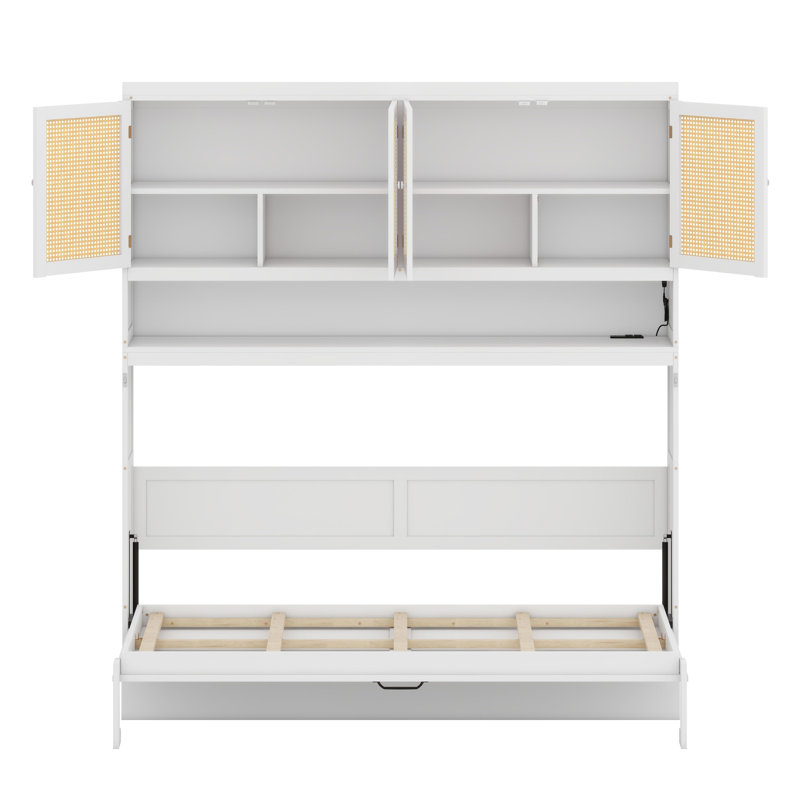 Multi-Functional Murphy Bed System with Upper Storage, Ambient Lighting & Device Charging Hub, White