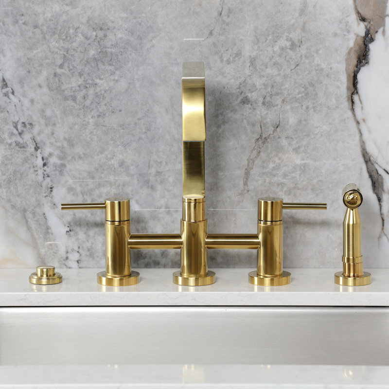 Kingston Brass Concord Two-Handle 4-Hole Deck Mount Bridge Kitchen Faucet with Brass Side Sprayer, Brushed Brass