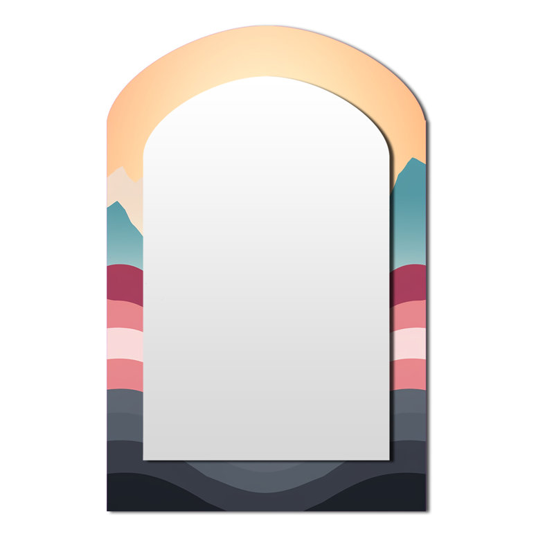 Bold Graphic Sunset In Teal and pink I - Geometric Asymmetrical Decorative Mirror, Pink Arch Wall Mirror, Printed Metal Art