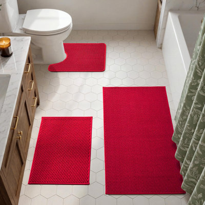 Bath Mat Set 3 Piece,Non Slip Quick Dry Soft Absorbent Thin Low Pile Bathroom Mats, Washable Bath Rugs 3 Pc: 16x24, 24x47 Rug & Toilet Mat 20x24 in. Red