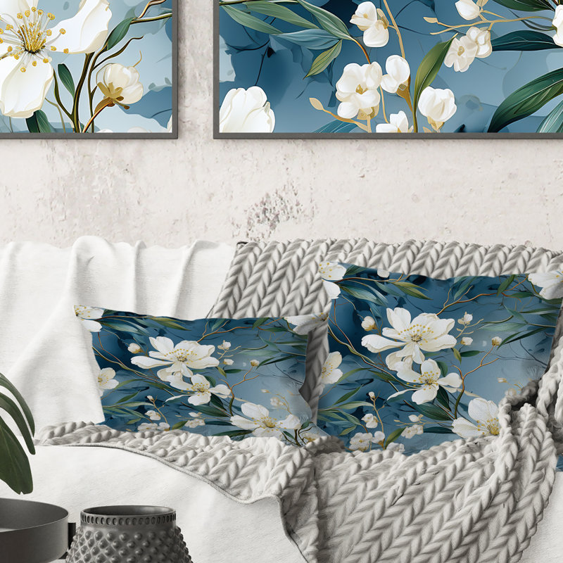 Motif de marbre blanc et bleu Magnolias, H 16 po x l 16 po