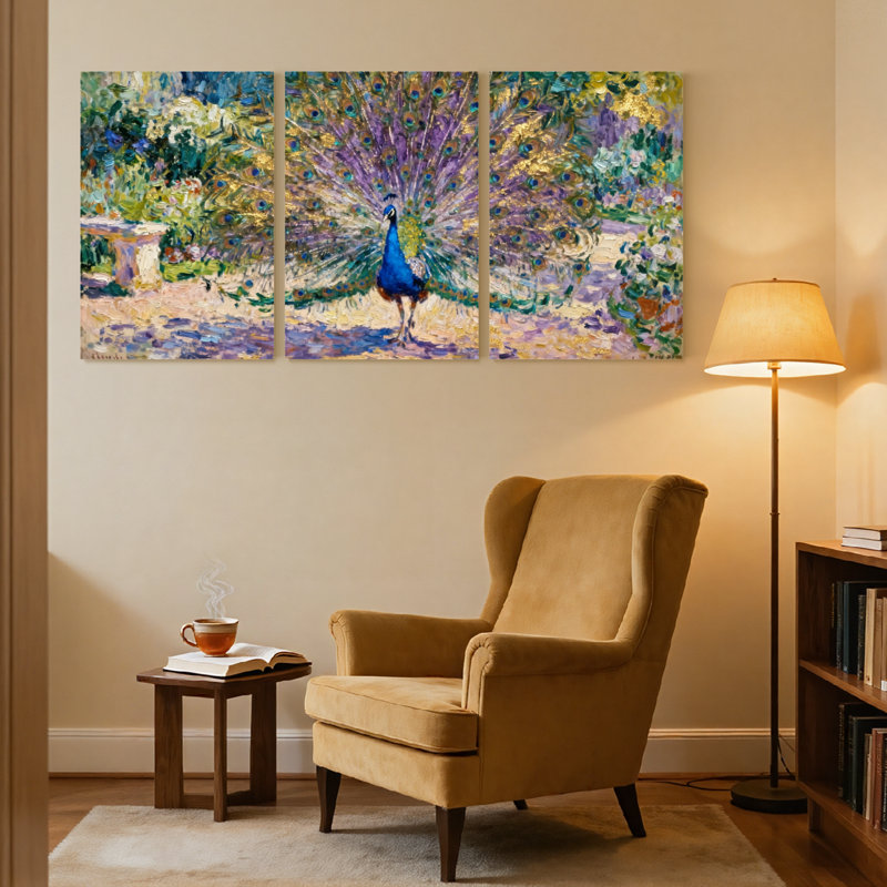 «Birds Peacock Garden», ensemble de 3 impressions sur toile, H 24 po x l 48 po