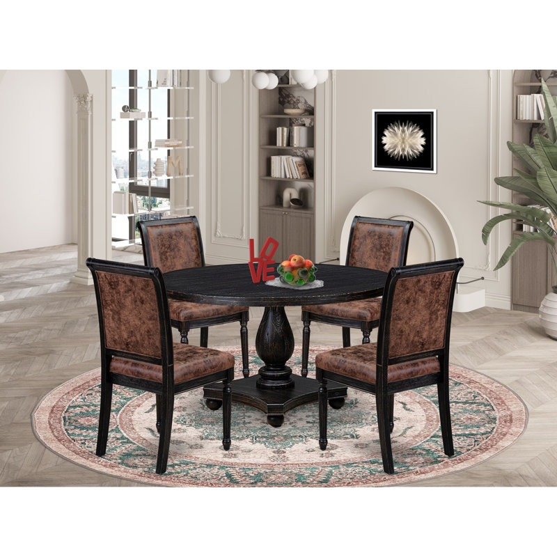 Cet ensemble de table de salle à manger moderne 5 pièces comprend une table de cuisine ronde et 4 chaises en polyester texturé brun à haut dossier avec une finition noire sablée.