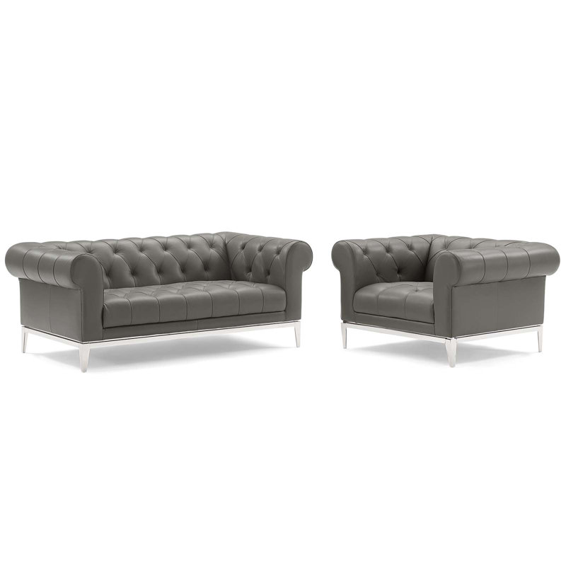 Causeuse et fauteuil capitonnés en cuir Idyll, Cuir synthétique gris