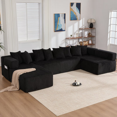 146" U Shaped Sectional Sofa, 5 Seats Convertible Sleeper Couch& L-Shaped ,8 Pillows, Free Combination,No Assembly, Oversized DIY Sofa,Magazine Bag,Corduroy,BLACK