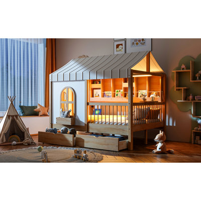 Full - Size House Bed With 2 Big Drawers, Side Bookshelf Led Lighting, Ultra High Guardrails For Secure Sleep, Built In Charging Board, Suitable Active Little Ones Ideal Thinkers