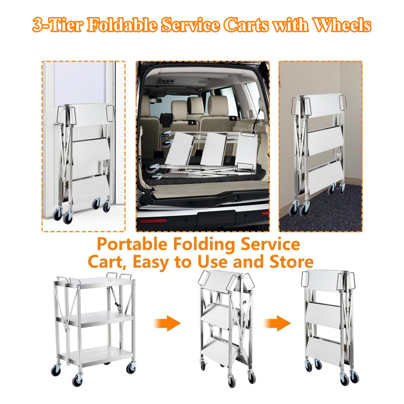 3-tier Foldable Service Carts With Wheels