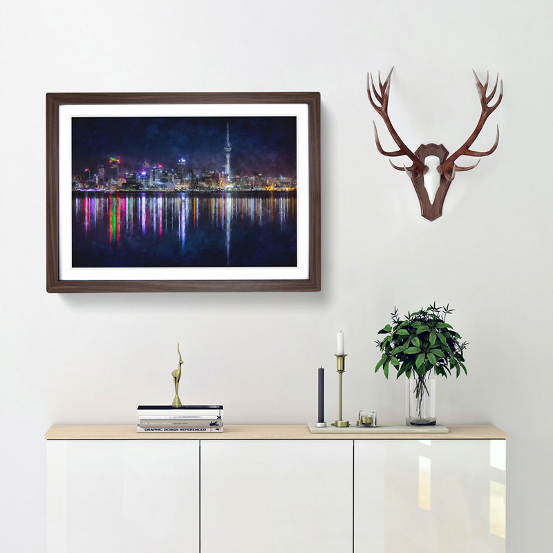 Reflections of the Auckland Skyline - Picture Frame Painting Print, Walnut Framed, 62cm H x 87cm W x 2cm D