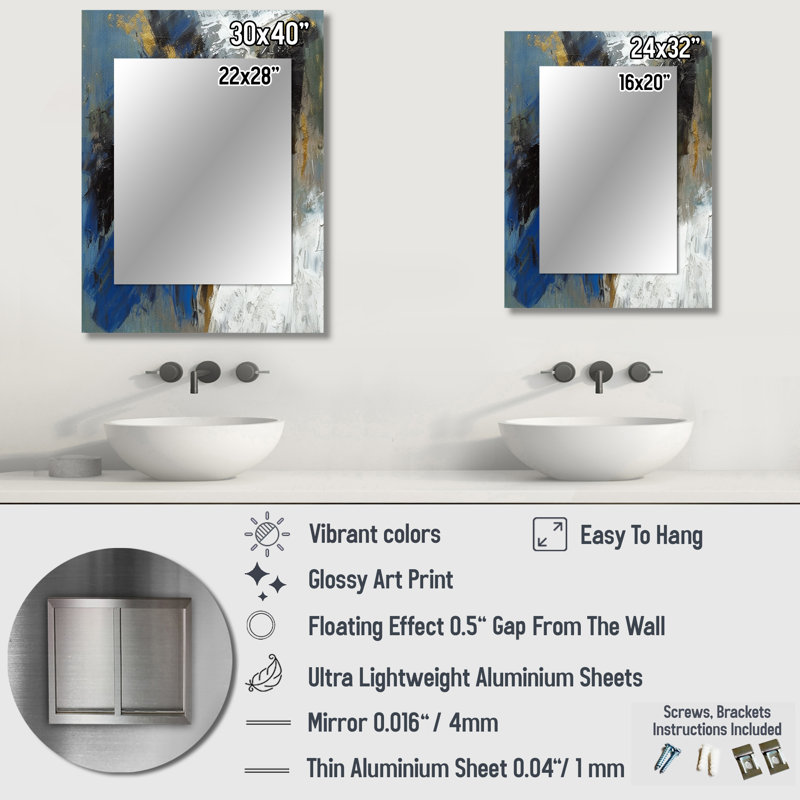 «Comfort Of Knowing Abstract Blue and Gold I», peinture abstraite sur miroir, miroir mural doré unique, impression sur métal